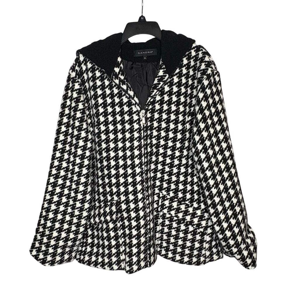 Sandro Vintage Black & White Houndstooth Zipper Hooded Fleece Lined Jacket XL